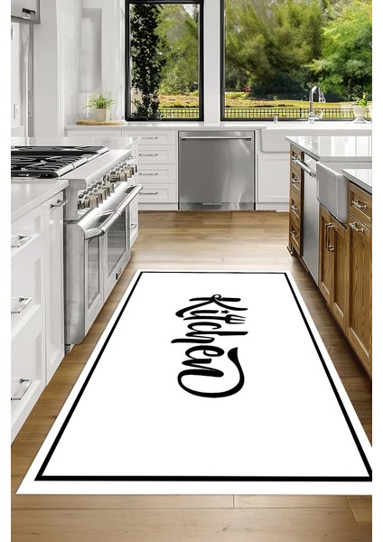 Dijital Baskılı Kaymaz Taban Yıkanabilir Kitchen Yazılı Mutfak Halısı, N-Mutfak-42-Beyaz, indirimleri