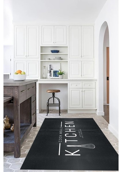 Dijital Baskılı Kaymaz Taban Yıkanabilir Kitchen Yazılı Mutfak Halısı, N-Mutfak-04-Antrasit,