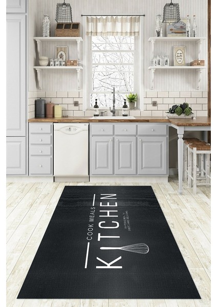 Dijital Baskılı Kaymaz Taban Yıkanabilir Kitchen Yazılı Mutfak Halısı, N-Mutfak-04-Antrasit, fiyatları
