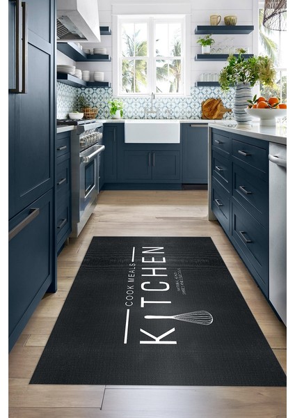 Dijital Baskılı Kaymaz Taban Yıkanabilir Kitchen Yazılı Mutfak Halısı, N-Mutfak-04-Antrasit, fırsatları