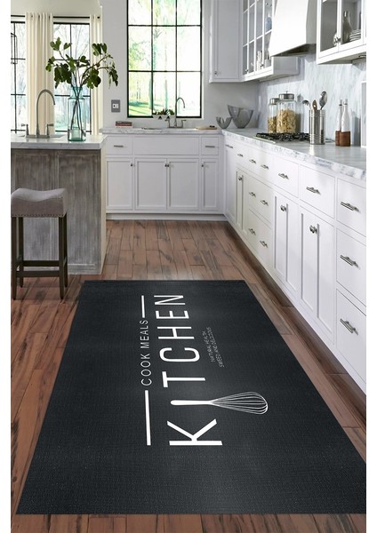 Dijital Baskılı Kaymaz Taban Yıkanabilir Kitchen Yazılı Mutfak Halısı, N-Mutfak-04-Antrasit, indirimleri