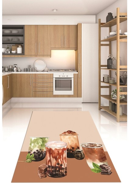 3D Dijital Baskılı Kaymaz Taban Yıkanabilir Renkli Modern Mutfak Halısı, N-Mutfak-37-Kahve,