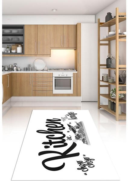 Dijital Baskılı Kaymaz Taban Yıkanabilir Kitchen Yazılı Mutfak Halısı, N-Mutfak-41-Beyaz,