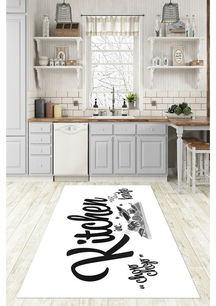 Dijital Baskılı Kaymaz Taban Yıkanabilir Kitchen Yazılı Mutfak Halısı, N-Mutfak-41-Beyaz, fırsatları