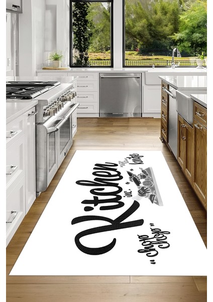 Dijital Baskılı Kaymaz Taban Yıkanabilir Kitchen Yazılı Mutfak Halısı, N-Mutfak-41-Beyaz, indirimleri