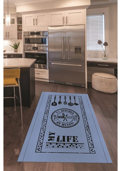 Dijital Baskılı Kaymaz Taban Yıkanabilir Renkli Modern Mutfak Halısı, N-Mutfak-50-Mavi,