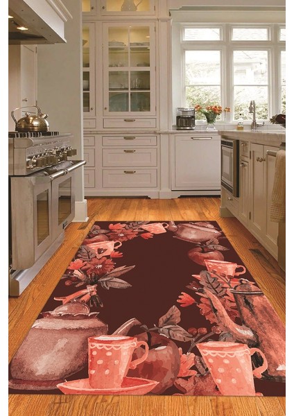3D Dijital Baskılı Kaymaz Taban Yıkanabilir Renkli Modern Mutfak Halısı, N-Mutfak-25-Bordo,