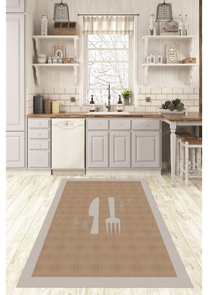 Dijital Baskılı Kaymaz Taban Yıkanabilir Kitchen Yazılı Mutfak Halısı, N-Mutfak-09-Gri,