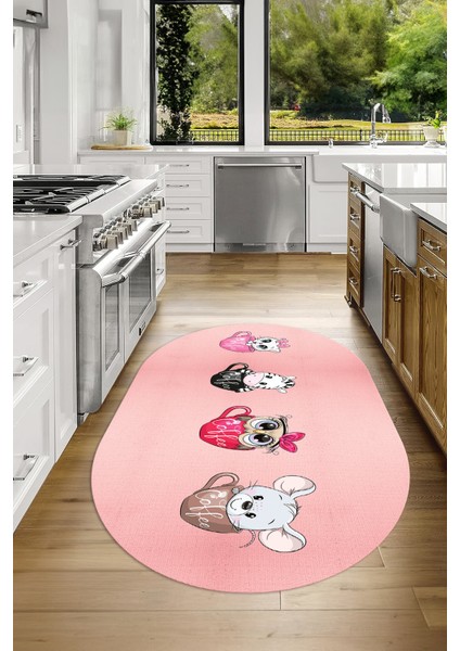 Dijital Baskılı Kaymaz Yıkanabilir Renkli Modern Oval Mutfak Halısı, N-O-Mutfak-07-Pembe, fiyatları