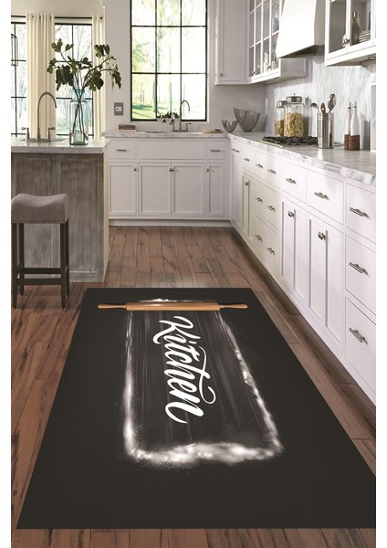 Dijital Baskılı Kaymaz Taban Yıkanabilir Kitchen Yazılı Mutfak Halısı, N-Mutfak-28-Antrasit,