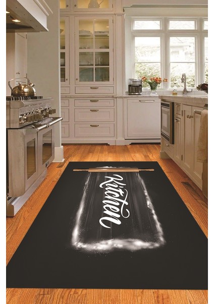 Dijital Baskılı Kaymaz Taban Yıkanabilir Kitchen Yazılı Mutfak Halısı, N-Mutfak-28-Antrasit,