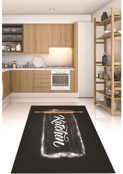Dijital Baskılı Kaymaz Taban Yıkanabilir Kitchen Yazılı Mutfak Halısı, N-Mutfak-28-Antrasit,