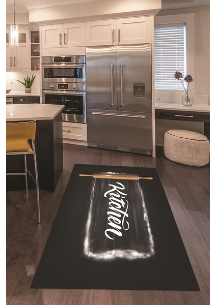 Dijital Baskılı Kaymaz Taban Yıkanabilir Kitchen Yazılı Mutfak Halısı, N-Mutfak-28-Antrasit,
