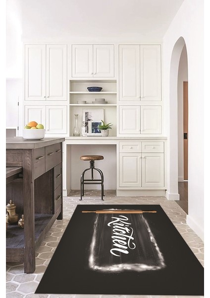 Dijital Baskılı Kaymaz Taban Yıkanabilir Kitchen Yazılı Mutfak Halısı, N-Mutfak-28-Antrasit,