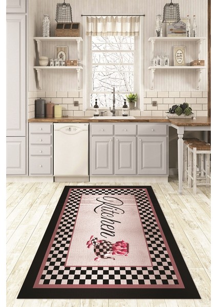 Dijital Baskılı Kaymaz Taban Yıkanabilir Kitchen Yazılı Mutfak Halısı, N-Mutfak-48-Pembe,