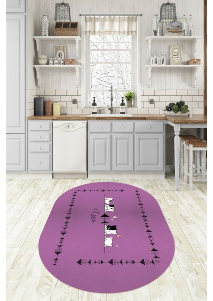 Dijital Baskılı Kaymaz Yıkanabilir Renkli Modern Oval Mutfak Halısı, N-O-Mutfak-10-Mor,