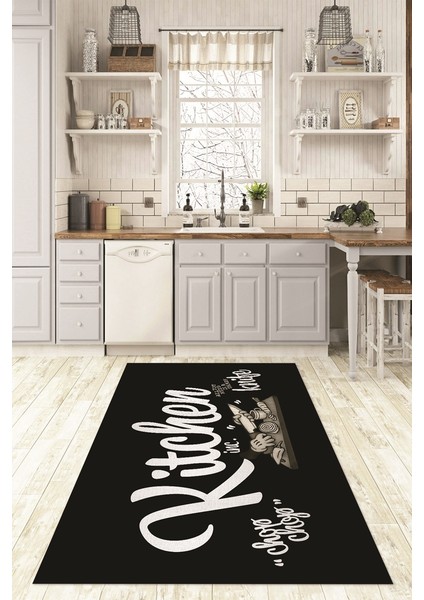 Dijital Baskılı Kaymaz Taban Yıkanabilir Kitchen Yazılı Mutfak Halısı, N-Mutfak-41-Siyah,