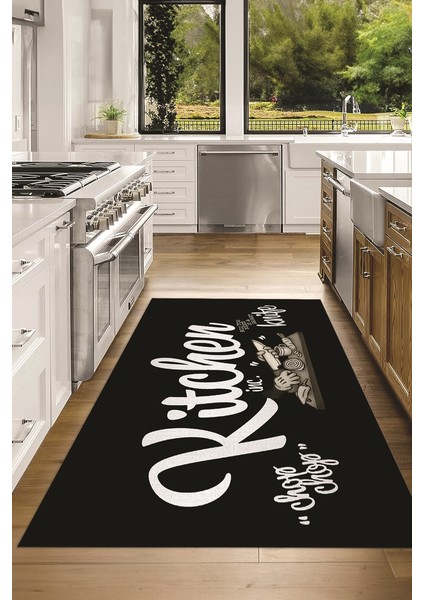 Dijital Baskılı Kaymaz Taban Yıkanabilir Kitchen Yazılı Mutfak Halısı, N-Mutfak-41-Siyah,