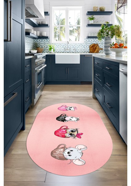 Dijital Baskılı Kaymaz Yıkanabilir Renkli Modern Oval Mutfak Halısı, N-O-Mutfak-07-Pembe, modelleri