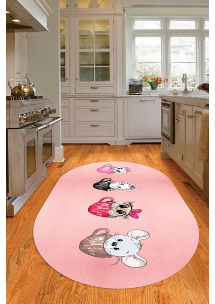 Dijital Baskılı Kaymaz Yıkanabilir Renkli Modern Oval Mutfak Halısı, N-O-Mutfak-07-Pembe, indirimleri