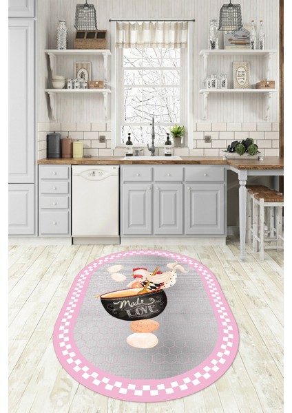 Dijital Baskılı Kaymaz Yıkanabilir Renkli Modern Oval Mutfak Halısı, N-O-Mutfak-08-Pembe,