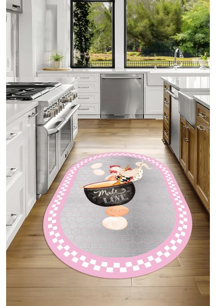 Dijital Baskılı Kaymaz Yıkanabilir Renkli Modern Oval Mutfak Halısı, N-O-Mutfak-08-Pembe,