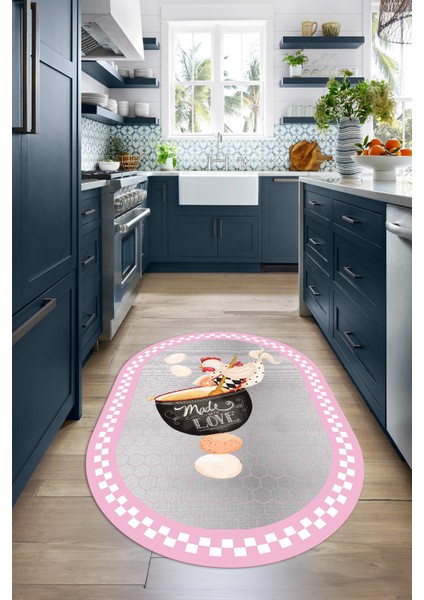 Dijital Baskılı Kaymaz Yıkanabilir Renkli Modern Oval Mutfak Halısı, N-O-Mutfak-08-Pembe,
