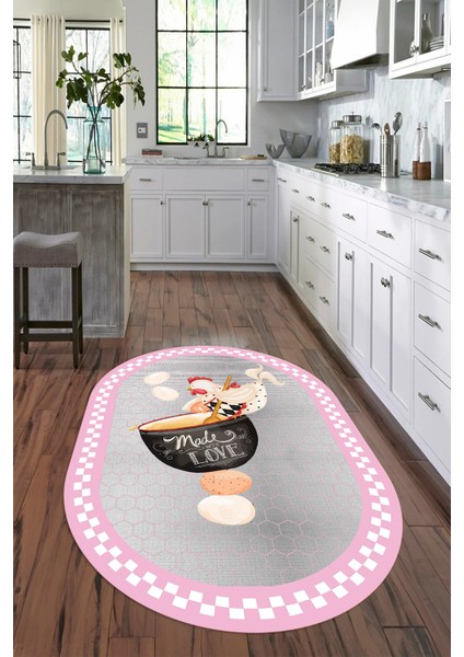 Dijital Baskılı Kaymaz Yıkanabilir Renkli Modern Oval Mutfak Halısı, N-O-Mutfak-08-Pembe,