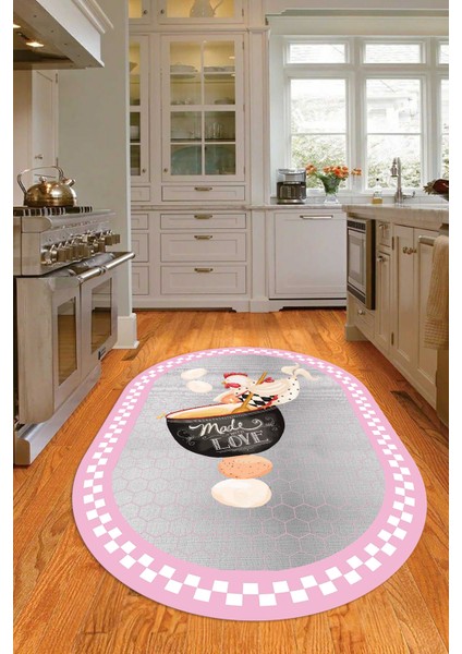 Dijital Baskılı Kaymaz Yıkanabilir Renkli Modern Oval Mutfak Halısı, N-O-Mutfak-08-Pembe,