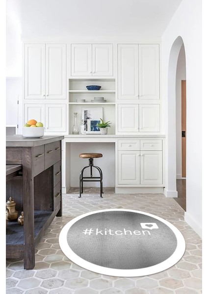 Dijital Baskılı Kaymaz Yıkanabilir Kitchen Yazılı Yuvarlak Mutfak Halısı, N-Y-Mutfak-02-Beyaz,