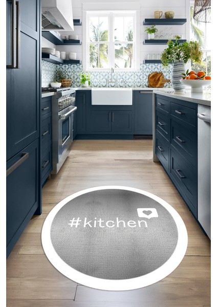 Dijital Baskılı Kaymaz Yıkanabilir Kitchen Yazılı Yuvarlak Mutfak Halısı, N-Y-Mutfak-02-Beyaz,