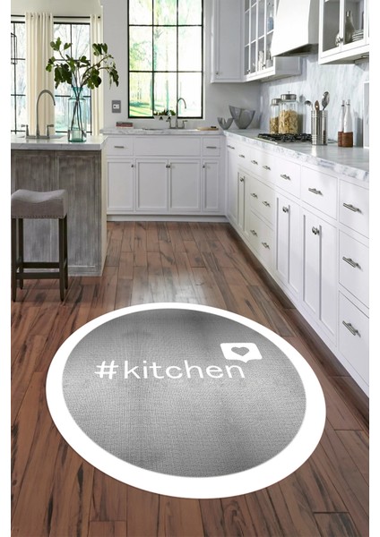 Dijital Baskılı Kaymaz Yıkanabilir Kitchen Yazılı Yuvarlak Mutfak Halısı, N-Y-Mutfak-02-Beyaz,