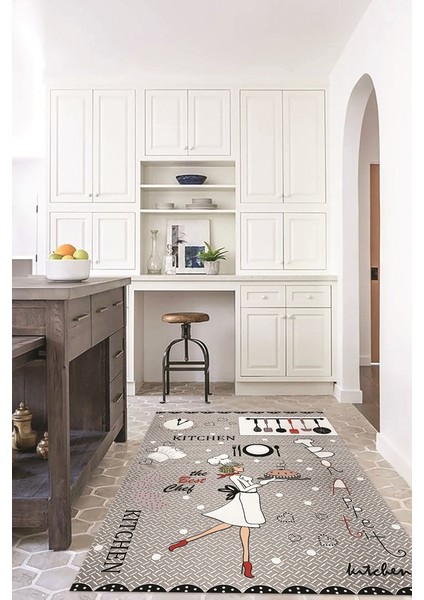 Dijital Baskılı Kaymaz Taban Yıkanabilir Renkli Modern Mutfak Halısı, N-Mutfak-03-Gri,