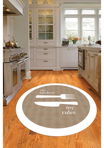 Dijital Baskılı Kaymaz Yıkanabilir Kitchen Yazılı Yuvarlak Mutfak Halısı, N-Y-Mutfak-09-Beyaz, indirimleri