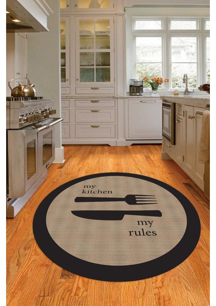 Dijital Baskılı Kaymaz Yıkanabilir Kitchen Yazılı Yuvarlak Mutfak Halısı, N-Y-Mutfak-09-Kahve, indirimleri