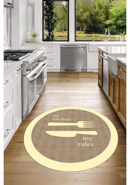 Dijital Baskılı Kaymaz Yıkanabilir Kitchen Yazılı Yuvarlak Mutfak Halısı, N-Y-Mutfak-09-Krem, fiyatları