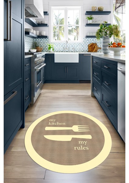 Dijital Baskılı Kaymaz Yıkanabilir Kitchen Yazılı Yuvarlak Mutfak Halısı, N-Y-Mutfak-09-Krem, modelleri