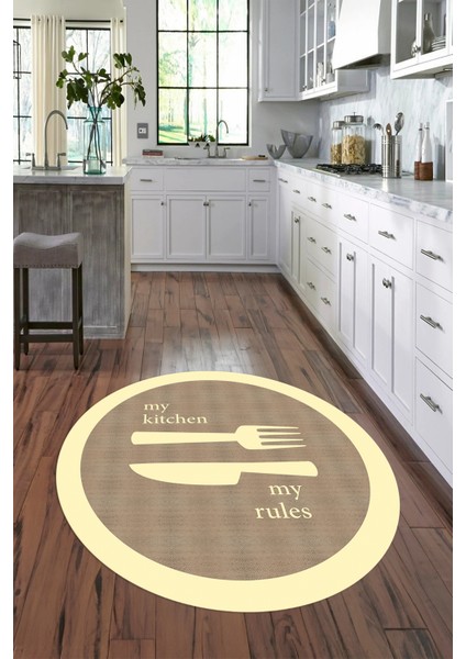 Dijital Baskılı Kaymaz Yıkanabilir Kitchen Yazılı Yuvarlak Mutfak Halısı, N-Y-Mutfak-09-Krem, fırsatları
