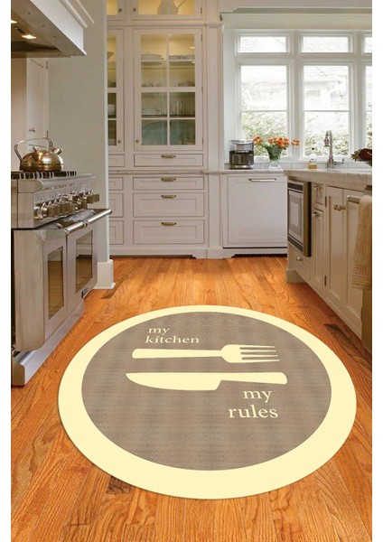 Dijital Baskılı Kaymaz Yıkanabilir Kitchen Yazılı Yuvarlak Mutfak Halısı, N-Y-Mutfak-09-Krem, indirimleri