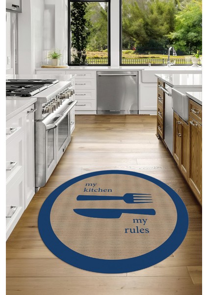 Dijital Baskılı Kaymaz Yıkanabilir Kitchen Yazılı Yuvarlak Mutfak Halısı, N-Y-Mutfak-09-Mavi, fiyatları