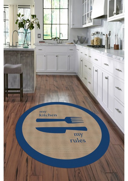 Dijital Baskılı Kaymaz Yıkanabilir Kitchen Yazılı Yuvarlak Mutfak Halısı, N-Y-Mutfak-09-Mavi, fırsatları