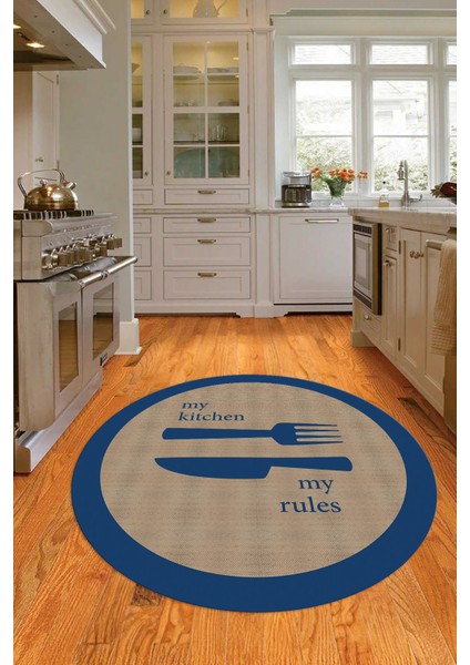 Dijital Baskılı Kaymaz Yıkanabilir Kitchen Yazılı Yuvarlak Mutfak Halısı, N-Y-Mutfak-09-Mavi, indirimleri