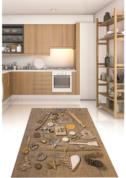3D Dijital Baskılı Kaymaz Taban Yıkanabilir Renkli Modern Mutfak Halısı, N-Mutfak-16-Kahve,
