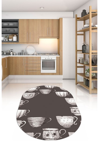 Dijital Baskılı Kaymaz Yıkanabilir Renkli Modern Oval Mutfak Halısı, N-O-Mutfak-26-Vizon,