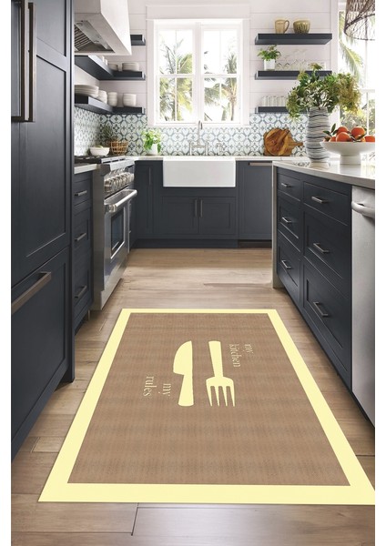 Dijital Baskılı Kaymaz Taban Yıkanabilir Kitchen Yazılı Mutfak Halısı, N-Mutfak-09-Krem, modelleri