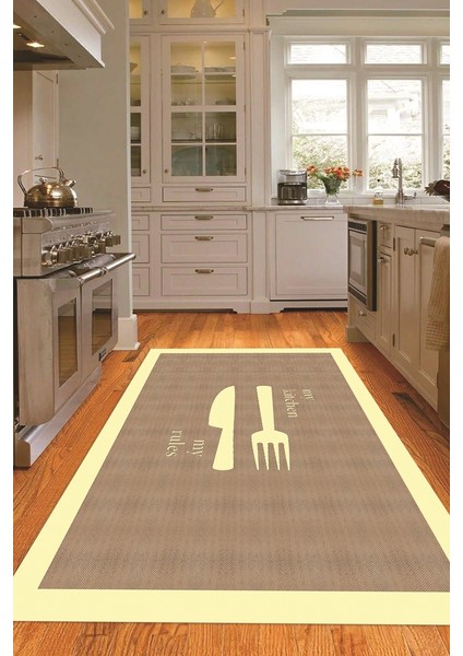 Dijital Baskılı Kaymaz Taban Yıkanabilir Kitchen Yazılı Mutfak Halısı, N-Mutfak-09-Krem, indirimleri