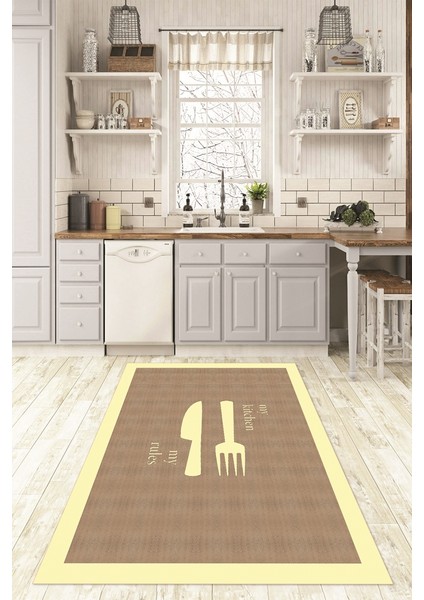 Dijital Baskılı Kaymaz Taban Yıkanabilir Kitchen Yazılı Mutfak Halısı, N-Mutfak-09-Krem,