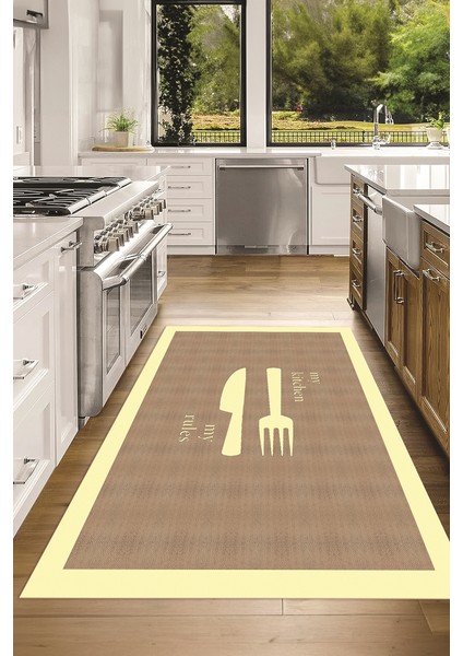 Dijital Baskılı Kaymaz Taban Yıkanabilir Kitchen Yazılı Mutfak Halısı, N-Mutfak-09-Krem, fiyatları