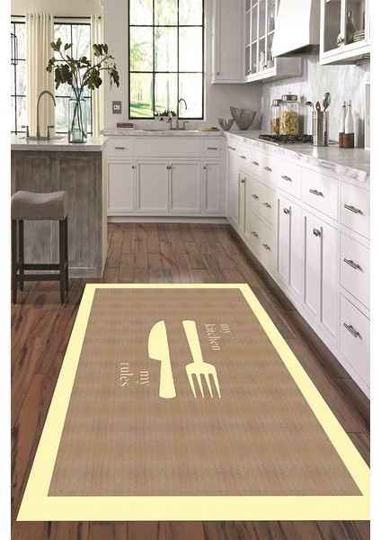 Dijital Baskılı Kaymaz Taban Yıkanabilir Kitchen Yazılı Mutfak Halısı, N-Mutfak-09-Krem, fırsatları