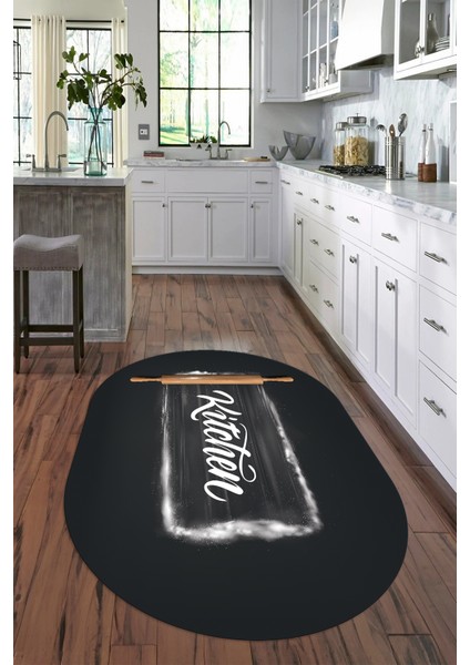 Dijital Baskılı Kaymaz Yıkanabilir Kitchen Yazılı Oval Mutfak Halısı, N-O-Mutfak-28-Antrasit,